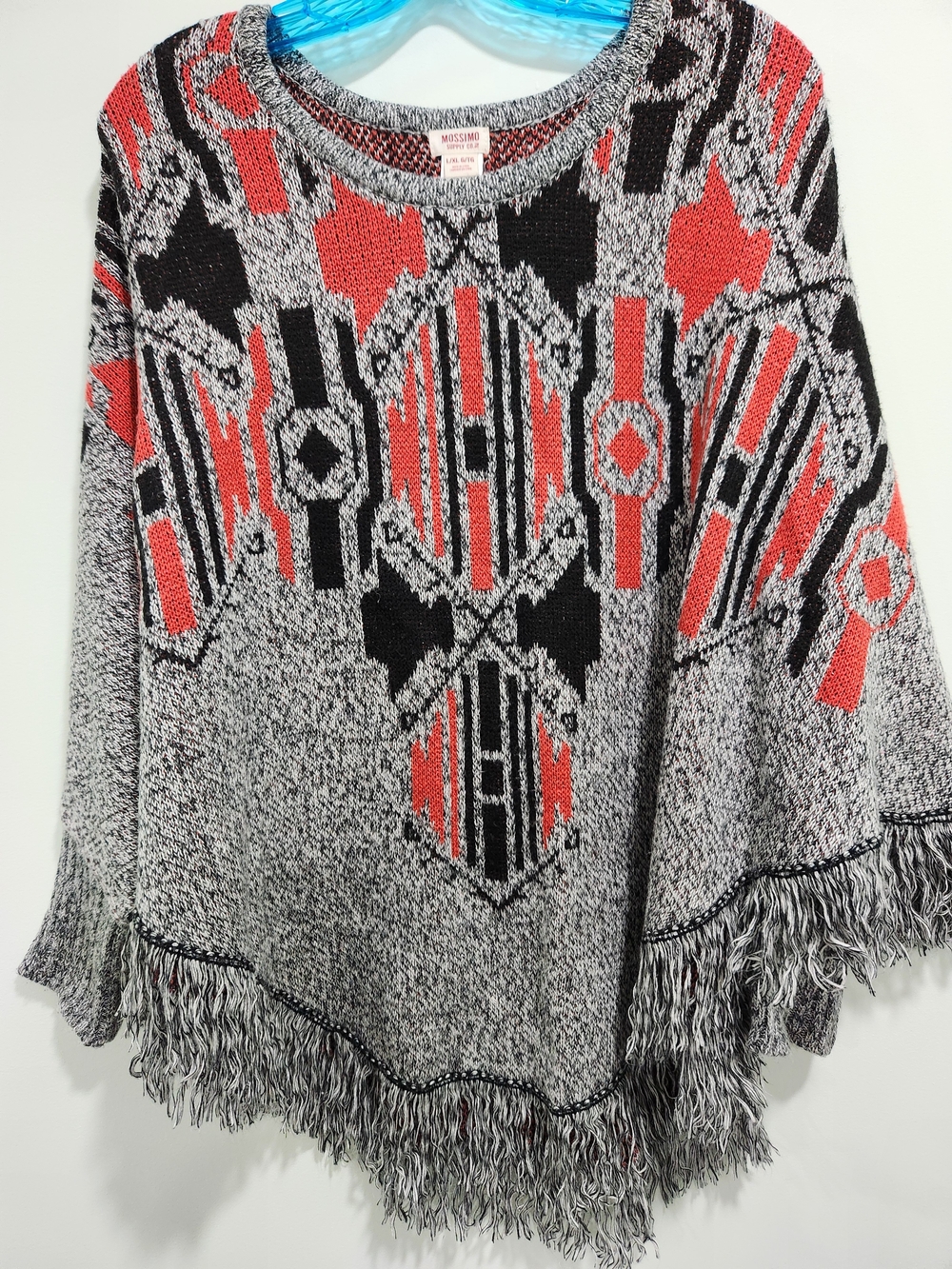 Mossimo Supply Co. Red, Black & Gray Patterned Fringe Poncho